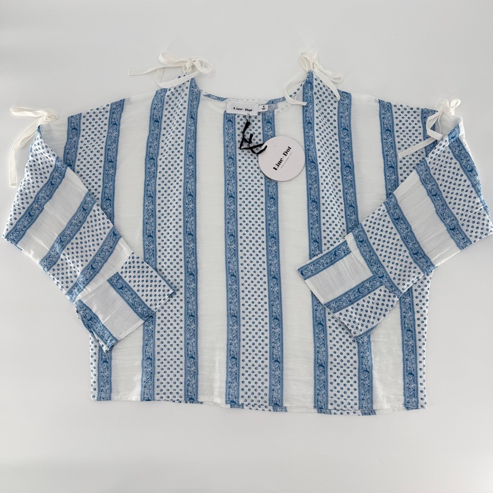 LINE + DOT Blue White Cotton Cold Shoulder Blouse Size Large New With Tags